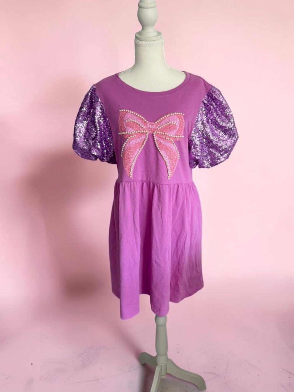 FANTASTIC FAWN Purple Pink Bow Swing Puff Sleeve Dress Size Medium